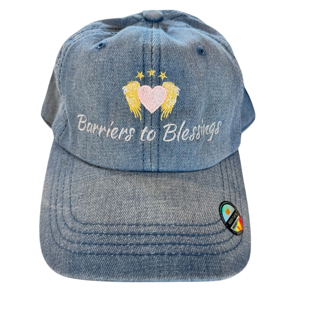 NWT Nissi Caps “Barriers to Blessings” Hat Denim Blue OS Angel Wings Heart Cap